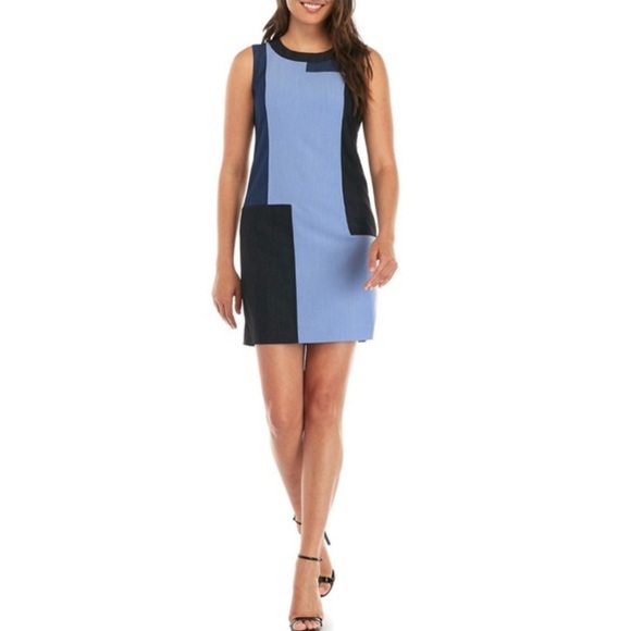 Calvin Klein Colorblock Sheath Dress Blue Navy Denim Look Sz 12 Sleeveless Chic - Picture 1 of 10